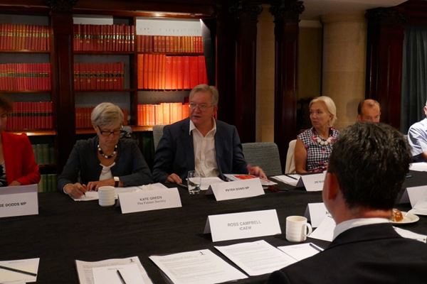 Peter Dowd MP, Shadow Chief Secretary, (centre) discussing Labour’s ambitions for higher public spending at Chartered Accountants Hall
