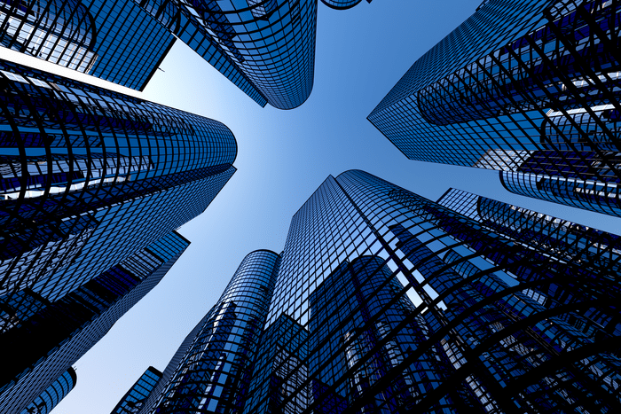 Upward view of business buildings