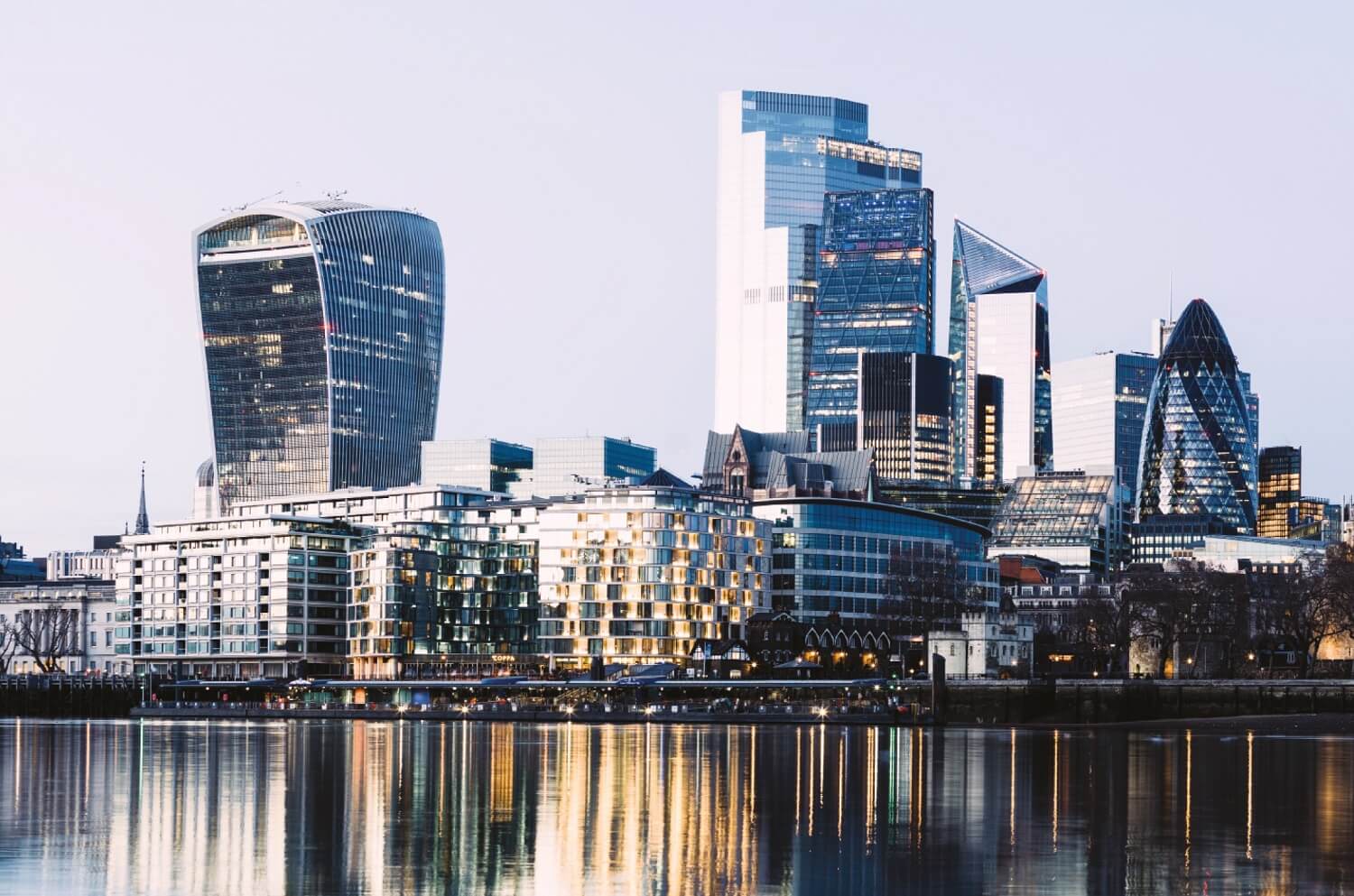 Skyscrapers in the City Of London from the south bank of the River Thames