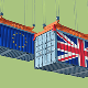 Two shipping containers suspended from (out-of-shot) cranes, one with the EU flag on it, the other with the Union Jack on it.
