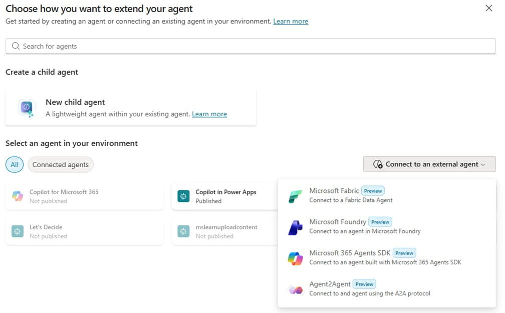 Screenshot showing that each sub-agent can be added as a child agent into the overall Copilot agent