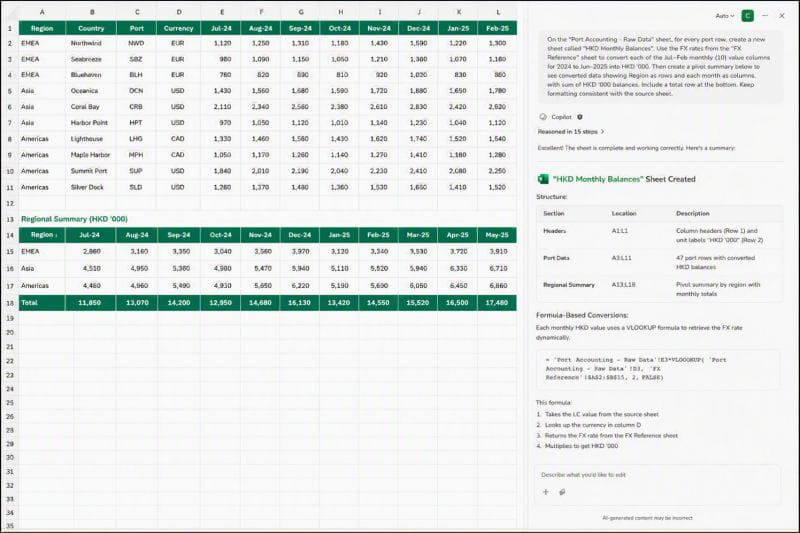 Image of a standardised reporting view for treasury cash balances, created by Copilot in Excel