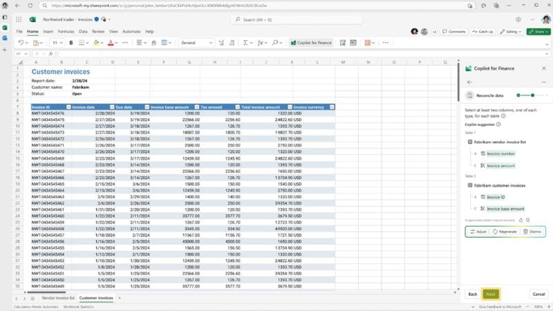 Image showing the results of an automated reconciliation process using Copilot in Excel