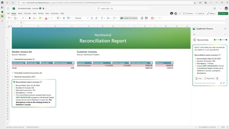 Image showing a reconciliation report created by Copilot for Finance