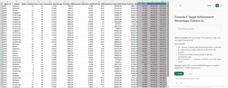 Image of an Excel dataset worksheet containing sales, premium, or performance data, with a prompt in Copilot. 