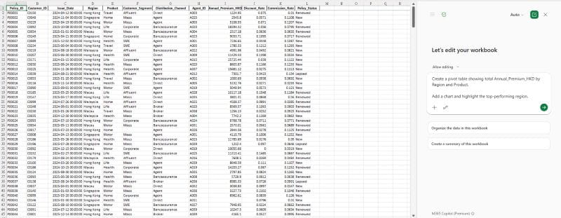 Image of an Excel dataset worksheet showing detailed transactional data, with a prompt in Copilot to summarise it. 
