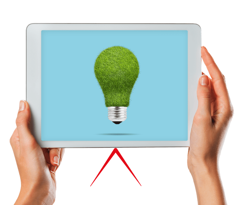 A pair of hands holding a tablet showing a lightbulb made of foliage.