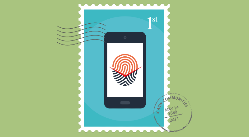 Stamp image of a mobile phone with a thumb print