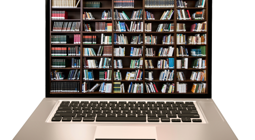 Image of bookshelves on a laptop screen