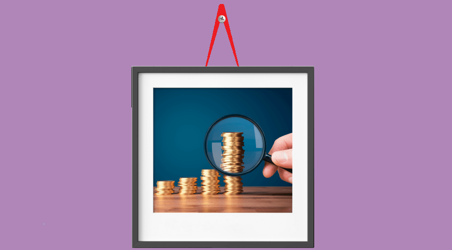 Graphic of a magnifying glass and coins