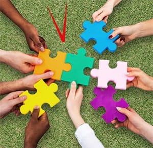 Several hands holding large, colourful jigsaw puzzle pieces, arranged together on a grassy surface, symbolizing teamwork and collaboration.