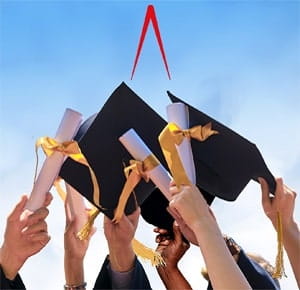 Hands holding graduation caps and rolled diplomas with golden ribbons raised against a clear blue sky, symbolizing academic achievement and celebration.