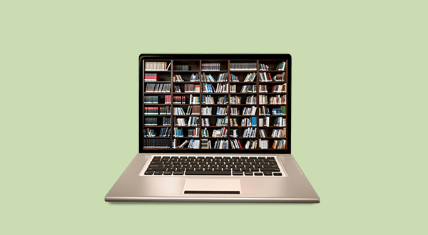 Laptop screen showing bookshelves
