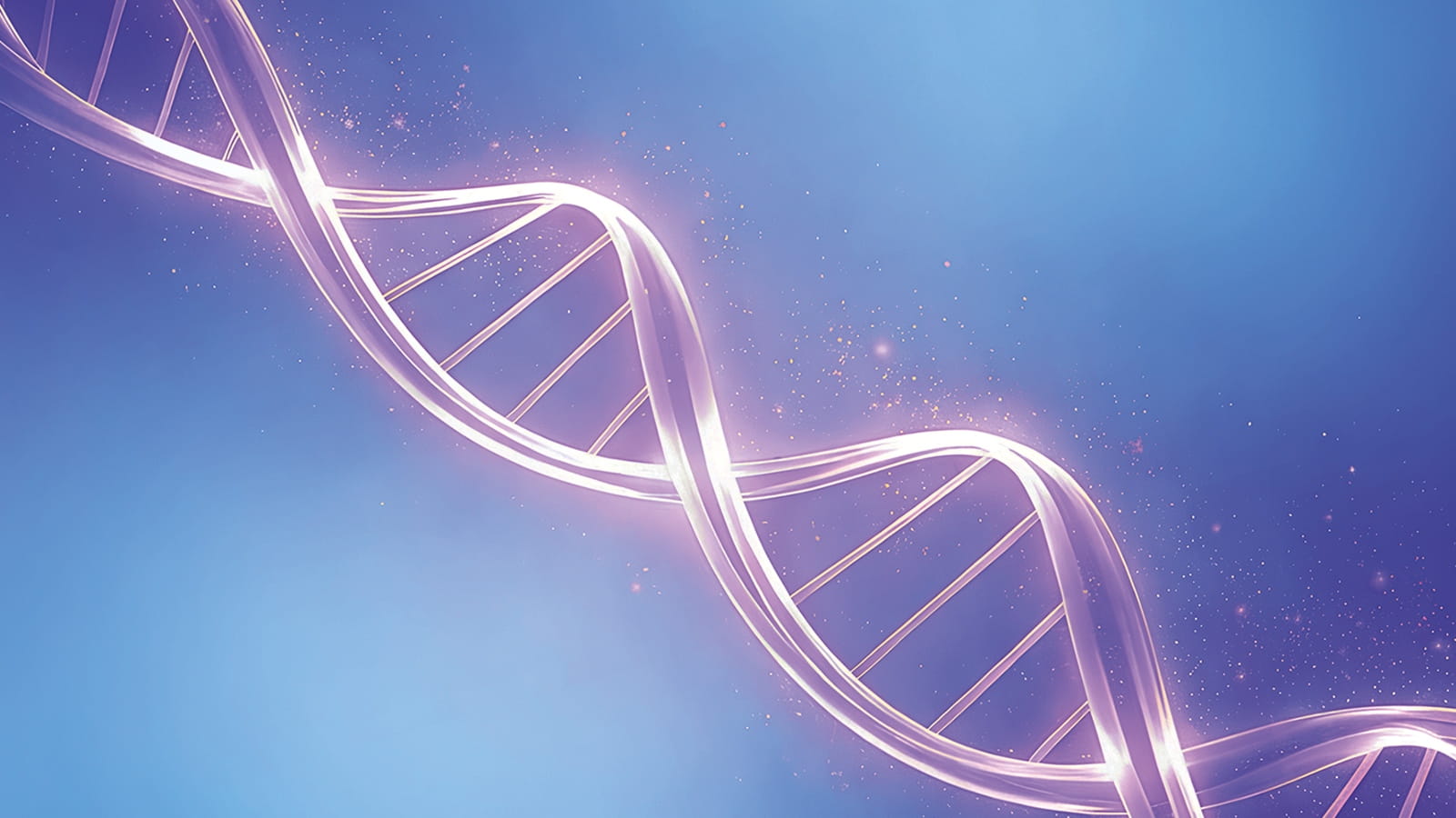 Glowing DNA strand on a blue background.