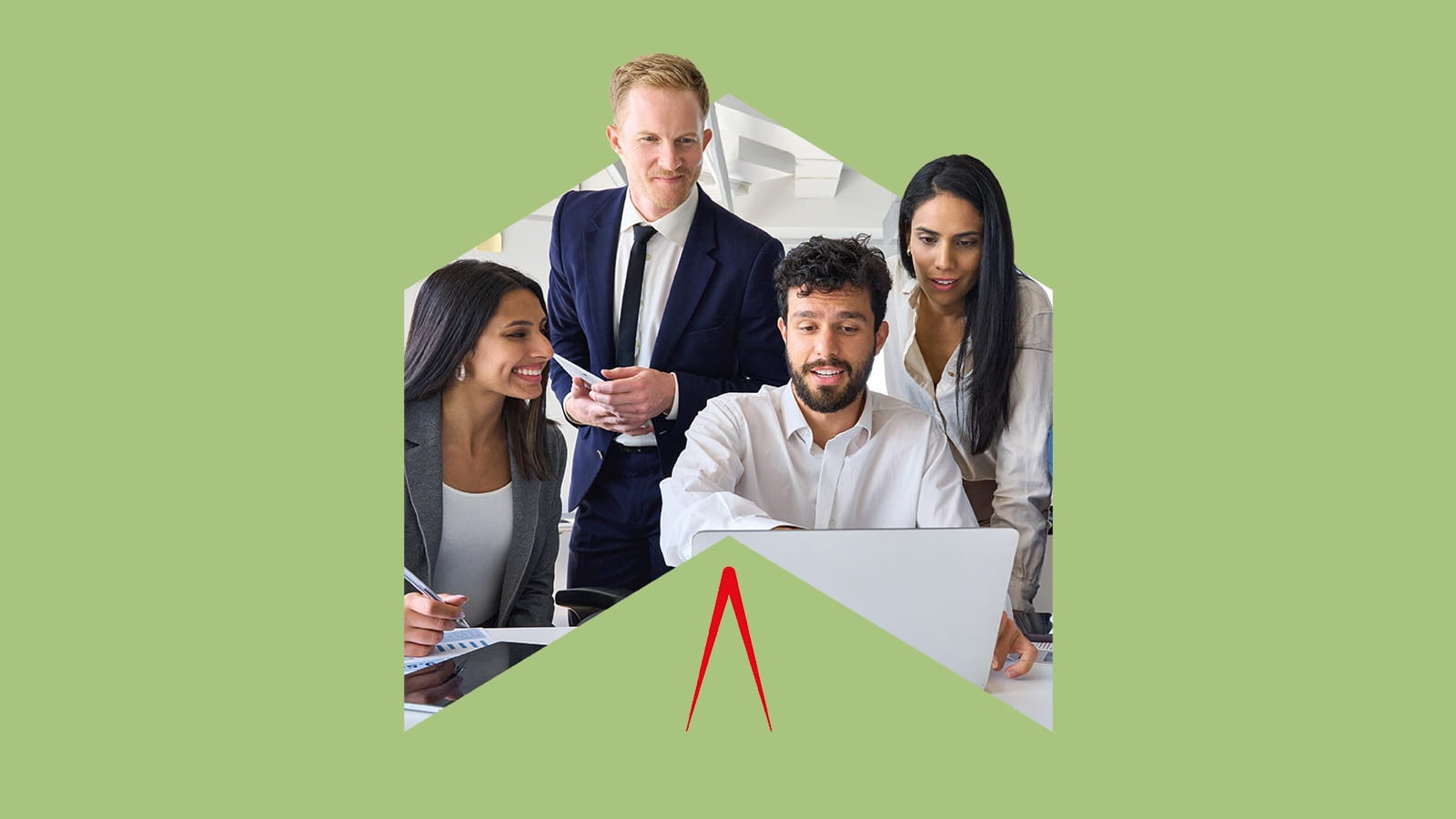 Office employees around a laptop