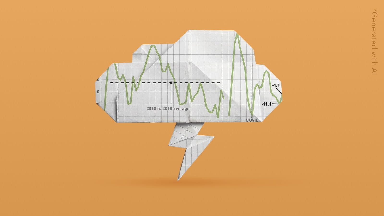 Illustration of a crumpled paper cloud with a jagged lightning bolt, overlaid with a fluctuating green line graph and grid, suggesting economic or data volatility on an orange background.