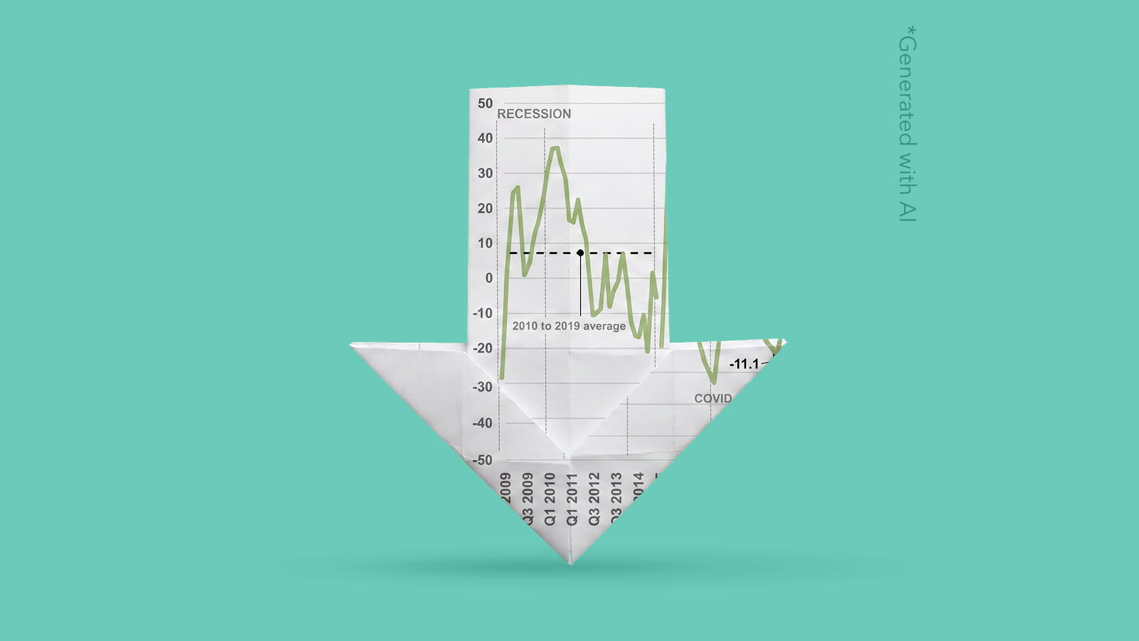 Origami downward arrow made from a financial chart against a teal background, symbolising declining performance or economic downturn.