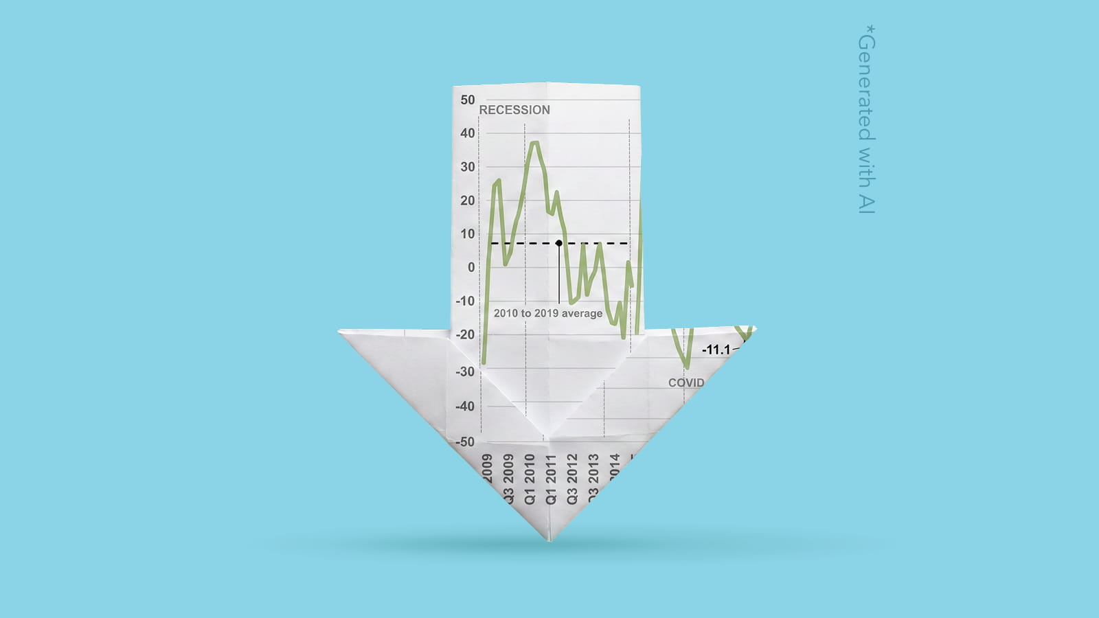 Origami downward arrow made from a financial chart against a blue background, symbolising declining performance or economic downturn.
