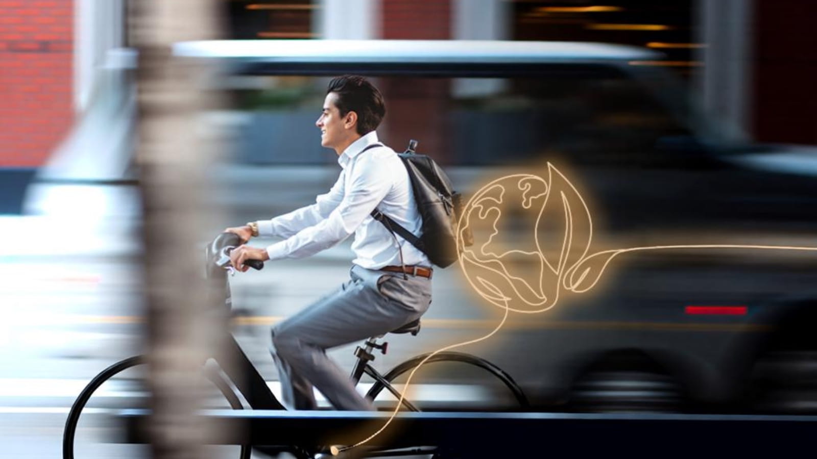 Person riding a bicycle through a city street, with a glowing leaf graphic overlaid beside them.