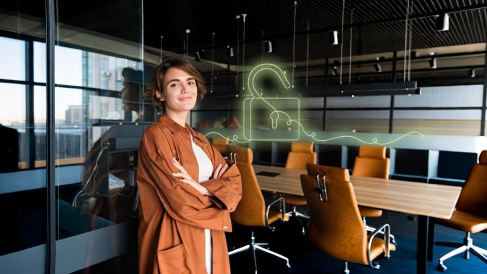 Person standing in a modern meeting room with glass walls and chairs, with a glowing lock icon graphic overlaid.