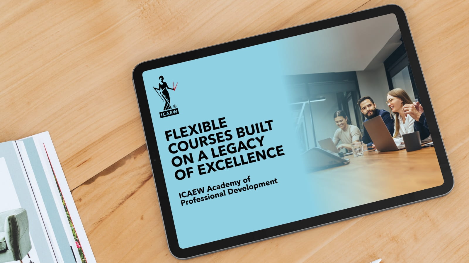 Tablet on top of table showing the courses ICAEW offers