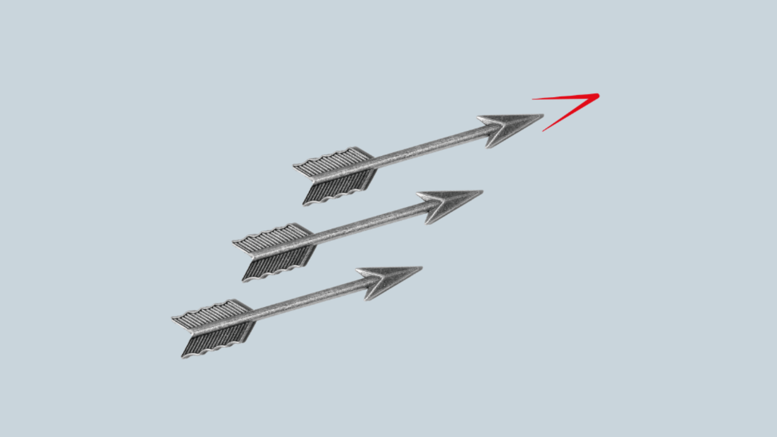3 grey arrows pointing up diagonally to the right, sitting against a grey background
