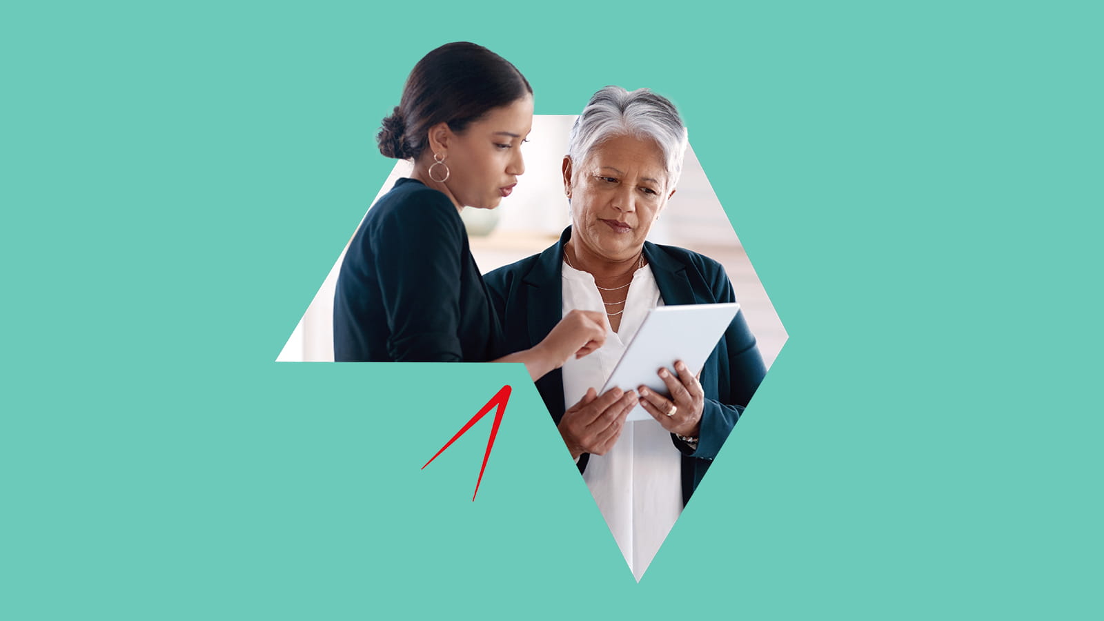 Two people standing close together looking at a tablet, with one pointing at the screen, shown inside a geometric shape on a green background.