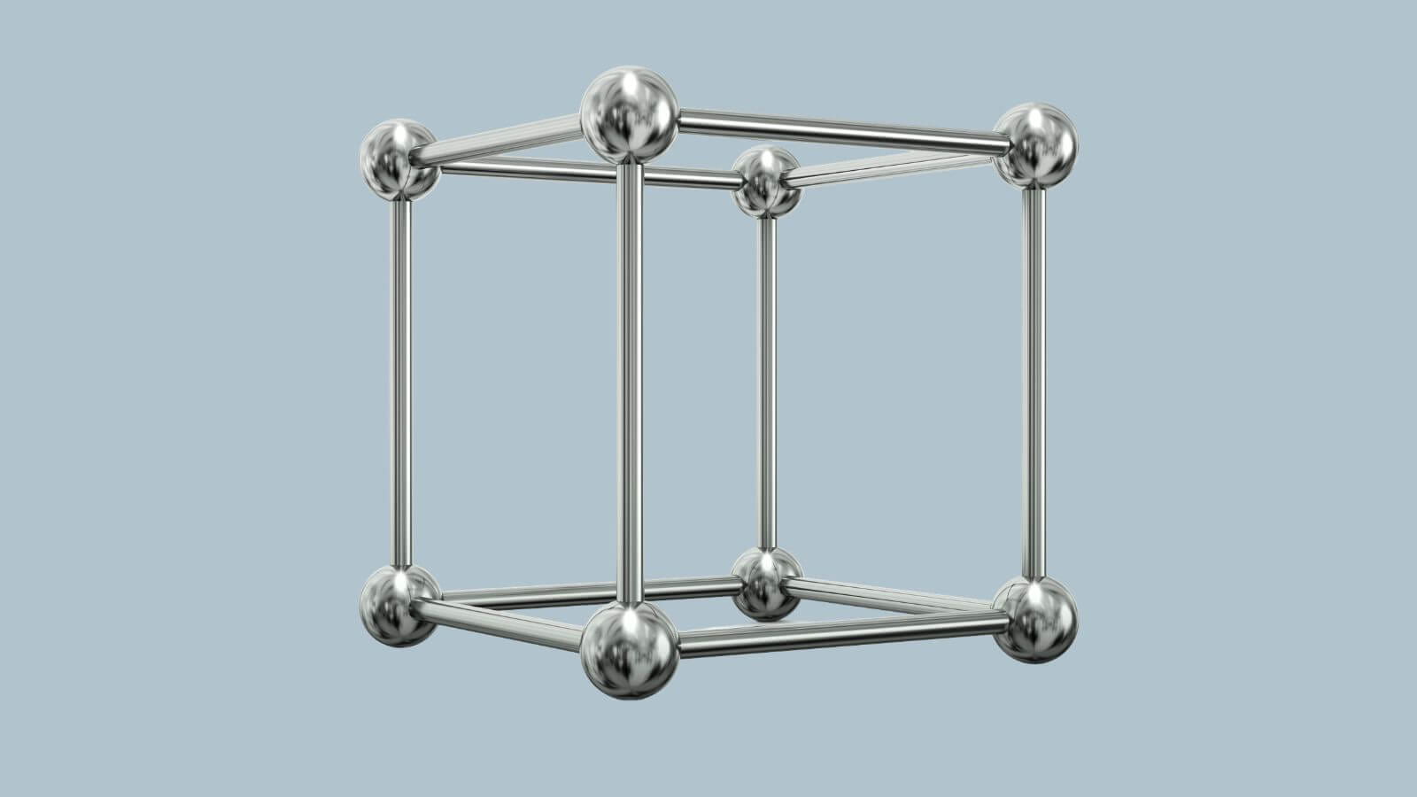 Metal bars forming an open cube on a blue background