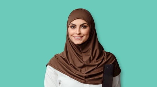 Woman in brown headscarf