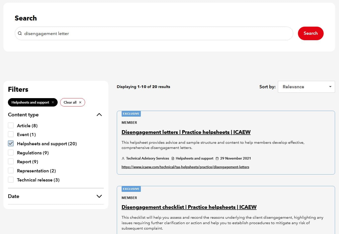 Screenshot of updated search functionality on icaew.com released in March 2026