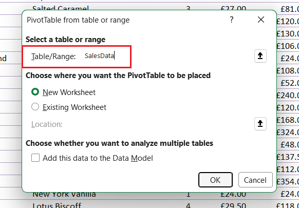 Screenshot 2 of creating a PivotTable in Excel