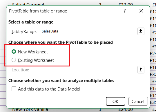 Screenshot 3 of creating a PivotTable in Excel