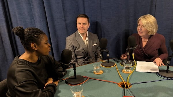 Philippa Lamb and 2 other guests in a podcast session