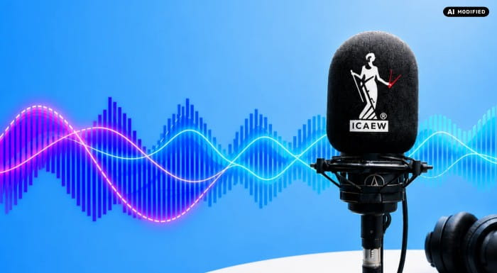AI generated image of microphone with ICAEW logo on white circular desk. The image has a blue background with a visualisation of soundwaves running through the middle.