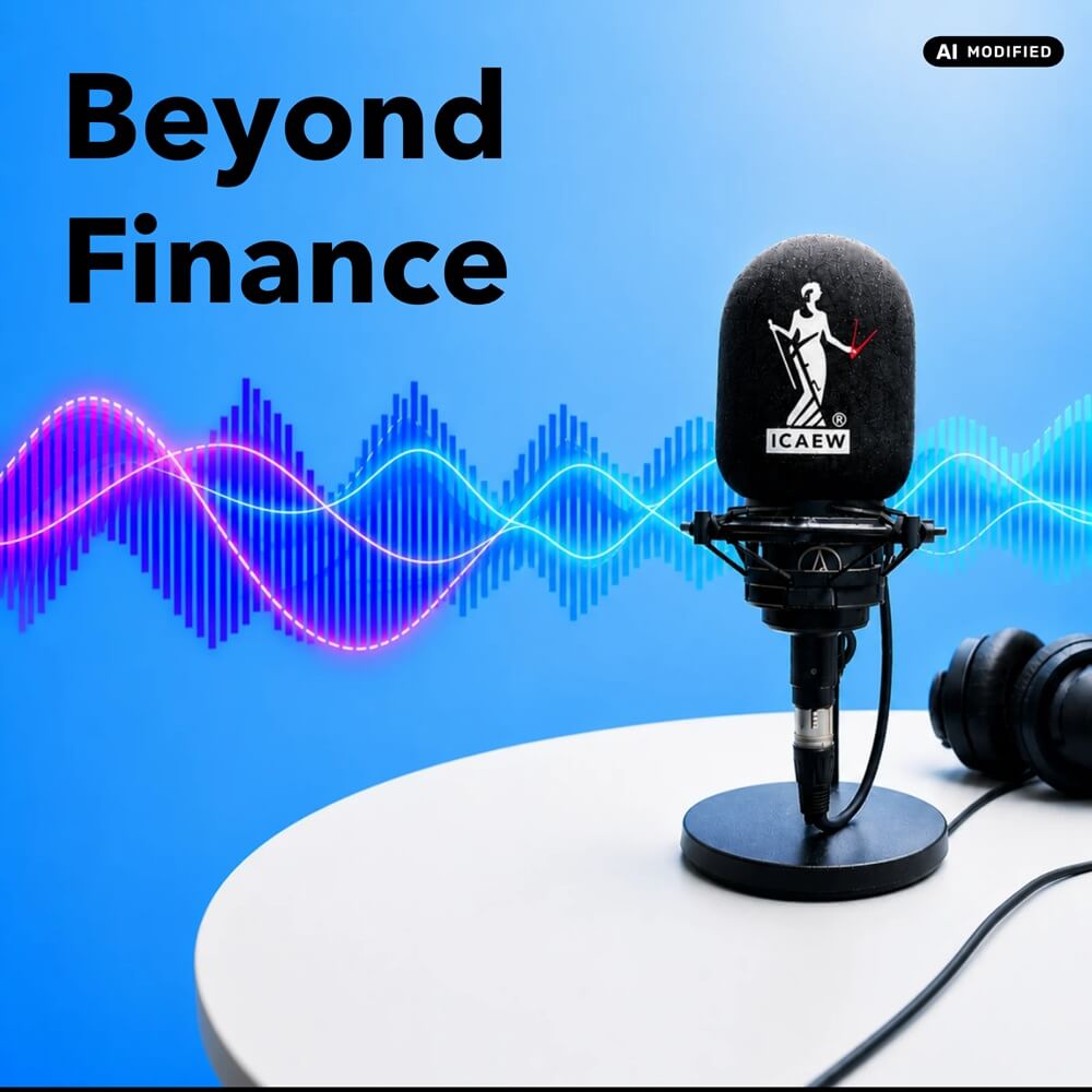 AI generated image of microphone with ICAEW logo on white circular desk. The image has a blue background with a visualisation of soundwaves running through the middle.
