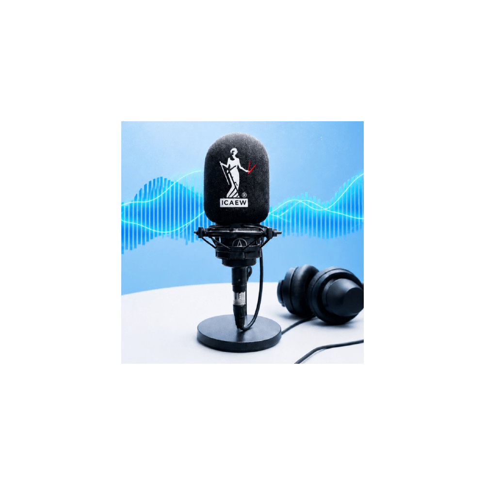 AI generated image of microphone with ICAEW logo on white circular desk. The image has a blue background with a visualisation of soundwaves running through the middle.