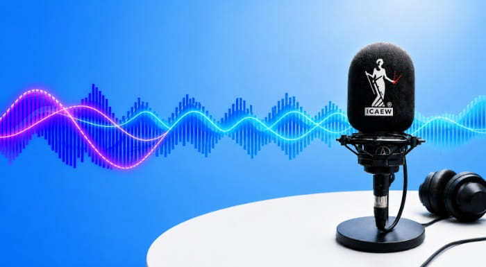AI generated image of microphone with ICAEW logo on white circular desk. The image has a blue background with a visualisation of soundwaves running through the middle.
