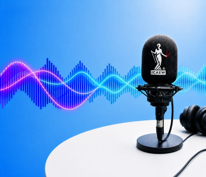 AI generated image of microphone with ICAEW logo on white circular desk. The image has a blue background with a visualisation of soundwaves running through the middle.