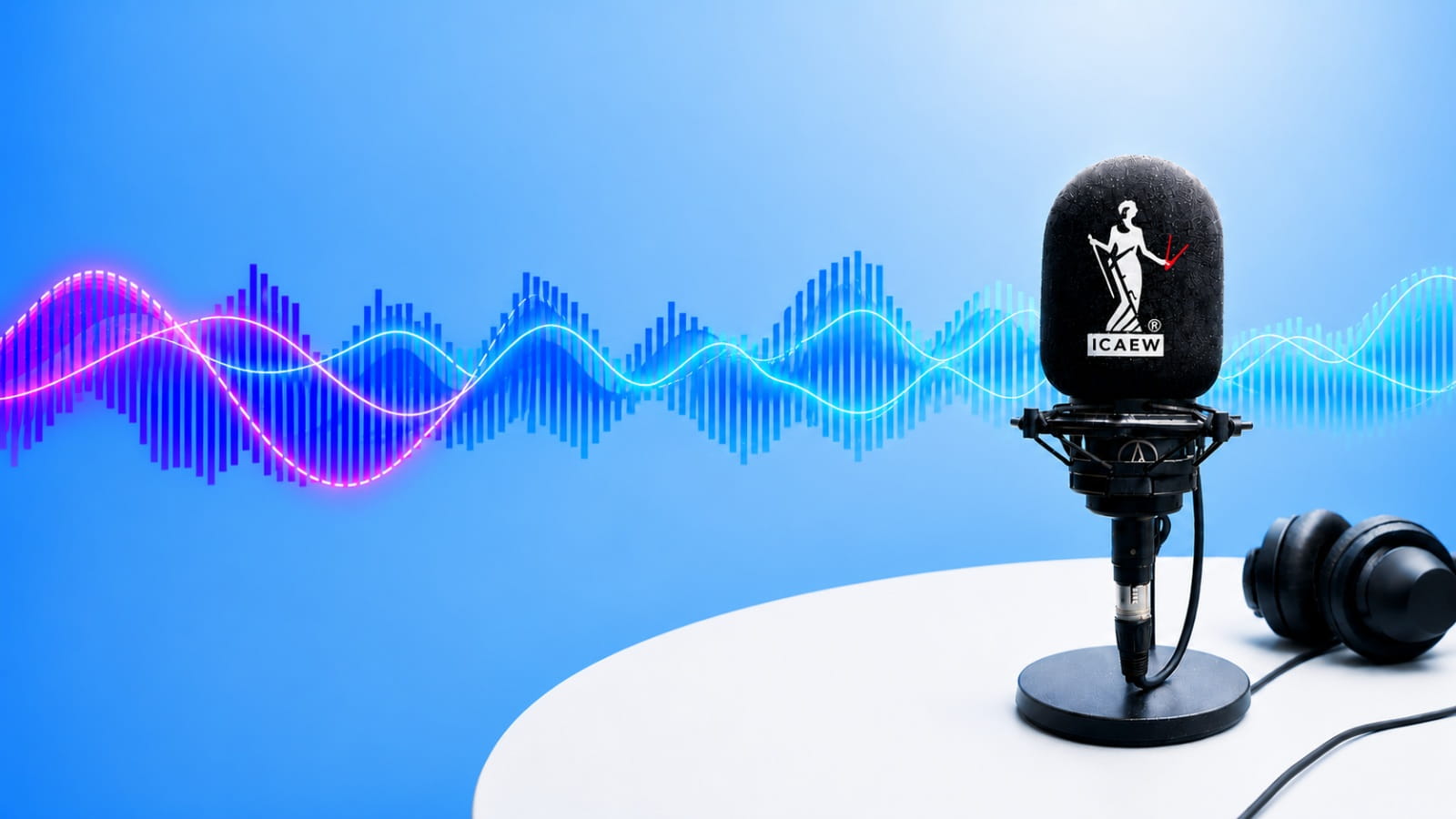 AI generated image of microphone with ICAEW logo on white circular desk. The image has a blue background with a visualisation of soundwaves running through the middle.