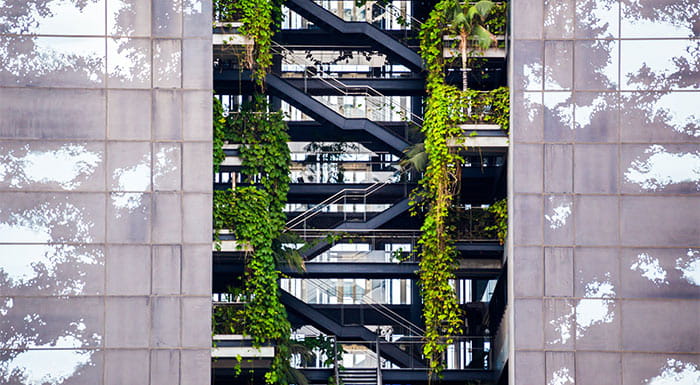 A building with plants hanging down the exposed staircase