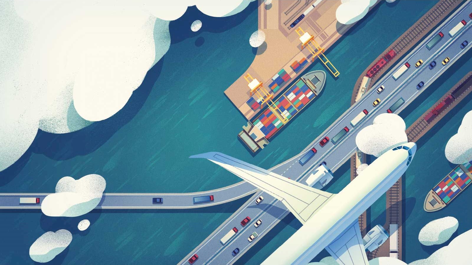 An illustration of a plane flying over a road, shipping yard and cargo ships.