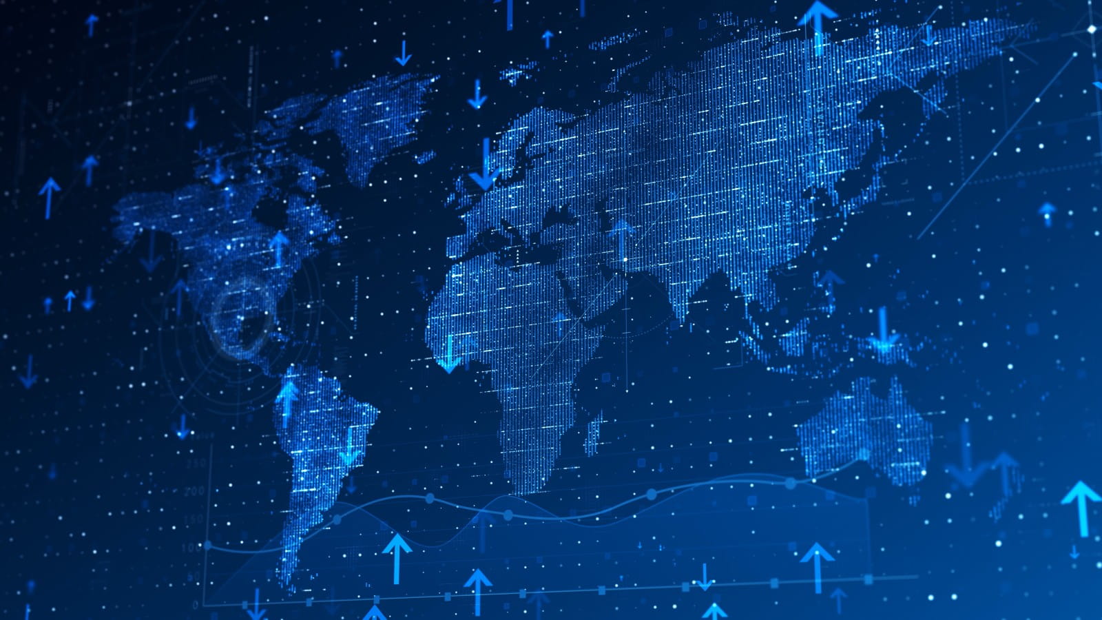 Blue screen illustration of world map with arrows up and down