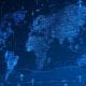 Blue screen illustration of world map with arrows up and down