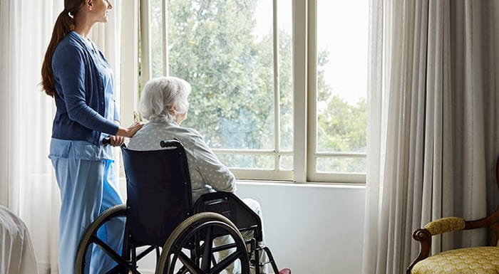 An elderly person in a wheelchair looking out of a window with a carer standing beside them.