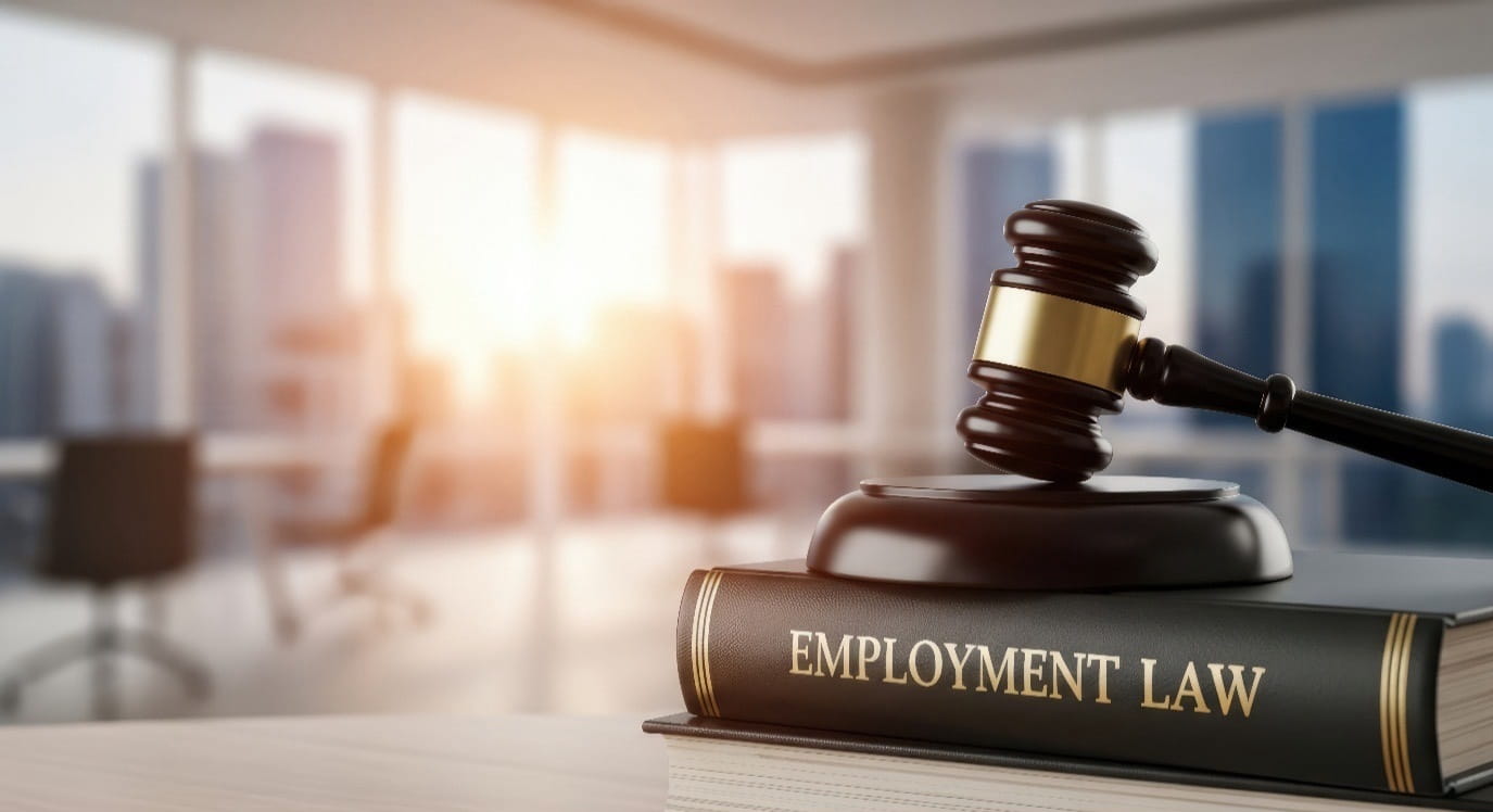  A judge’s gavel rests on a book titled “Employment Law” in a sunlit modern office setting.