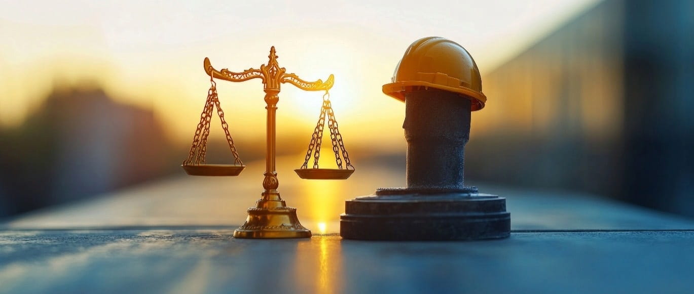 A golden balanced scale stands next to a yellow construction helmet at sunset.