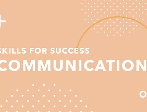 The words 'Skills for success - communication' with some patterns and shapes in the background.