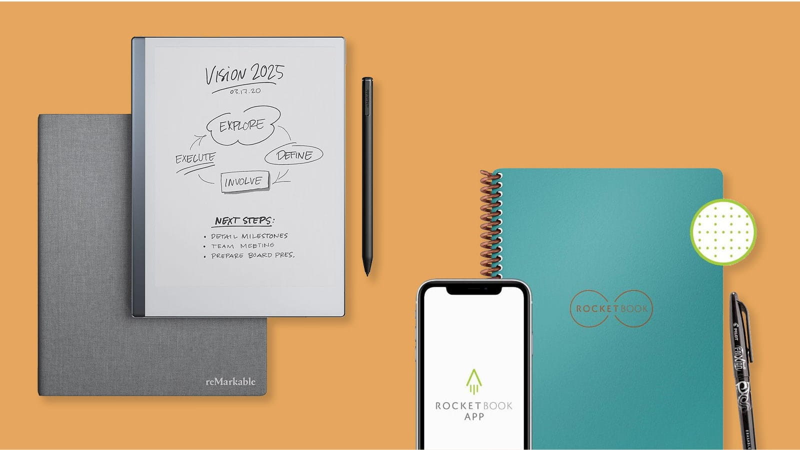 reMarkable smart notebook device pen stylus Rocketbook reusable digital notebook orange background