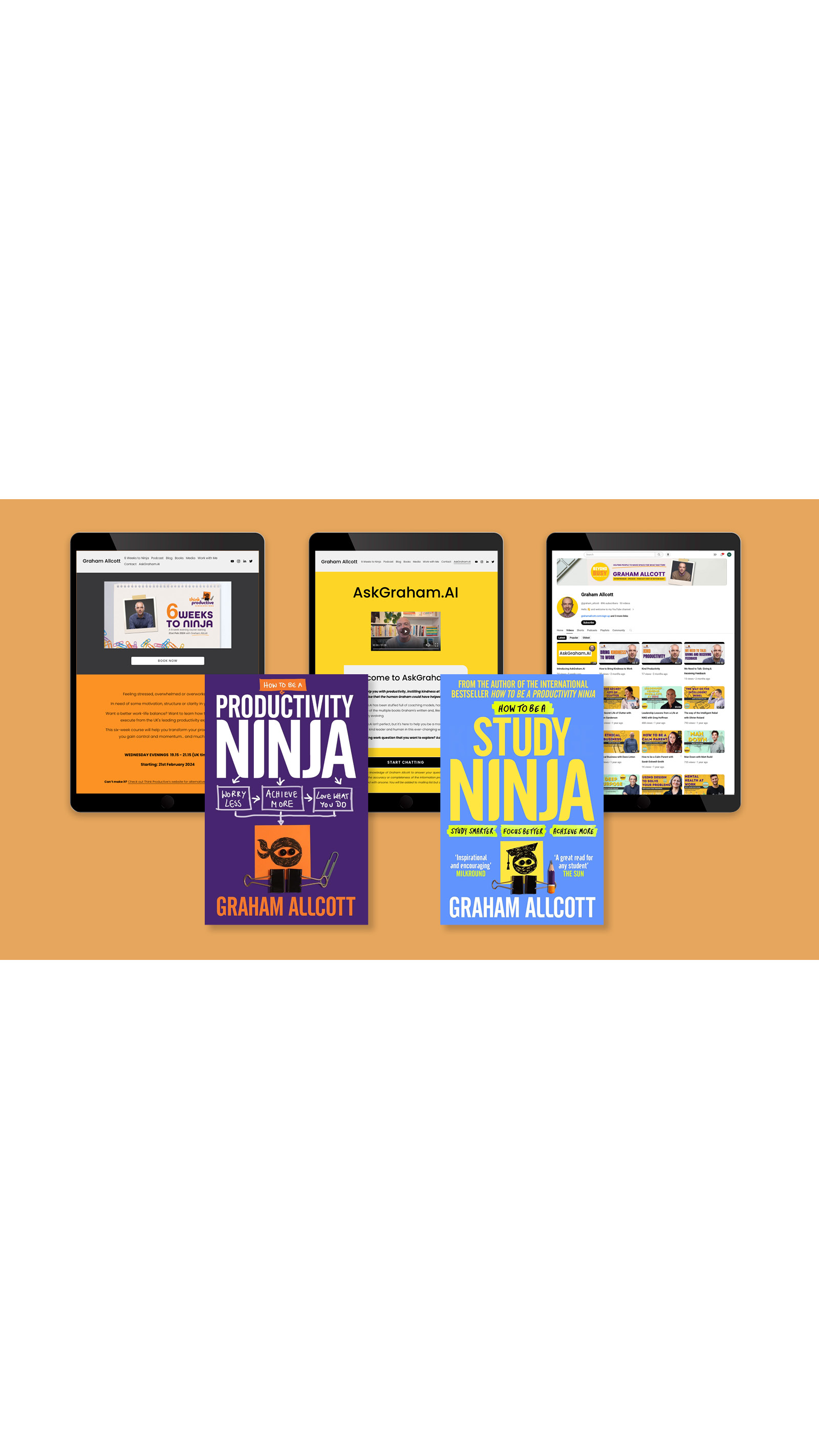 Book covers websites How to be a Productivity Ninja by Graham Allcott orange background