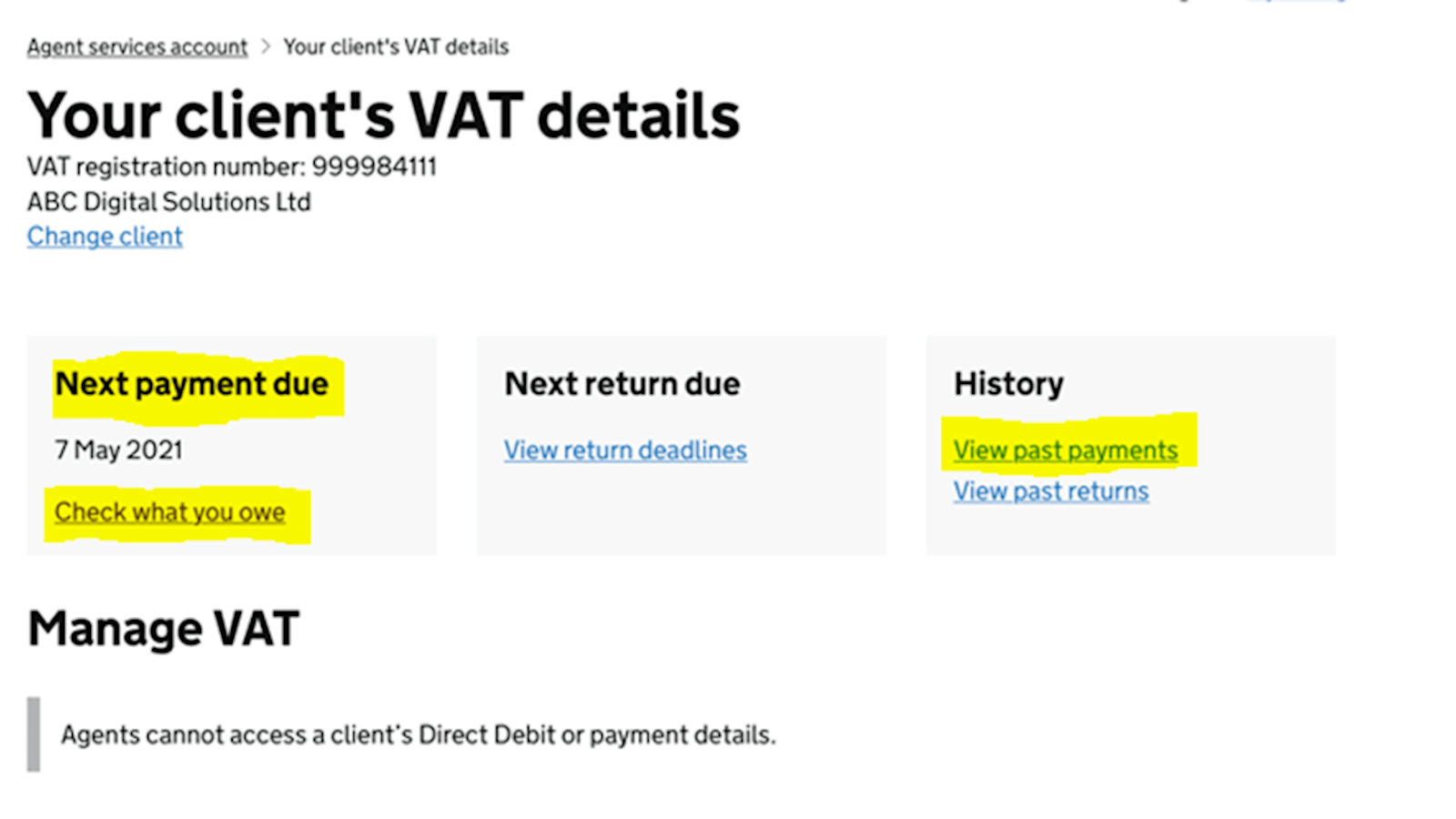 A screenshot demonstrating the new VAT data available to agents through the expanded agent service account.